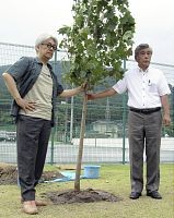 植樹する坂本さん（左）と多田・住田町長