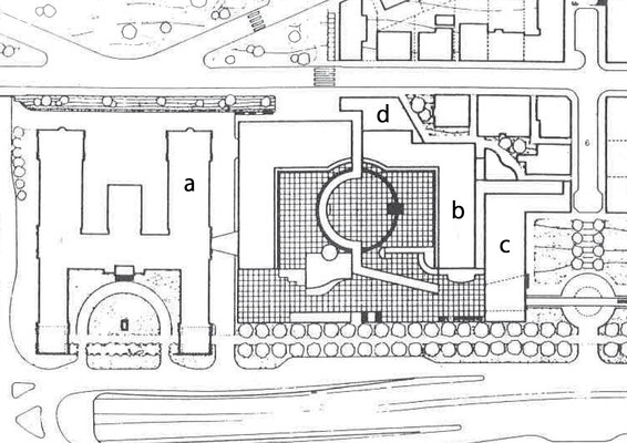 配置図　a旧美術館　b新美術館　c劇場・音楽教室棟　d図書館棟