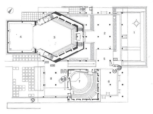 2階平面図　1 テラス　2 大ホールホワイエ　3 客席上部　4 舞台上部　5 レストラン　6 入口ロビー上部　7 小ホール　8 小ホールホワイエ