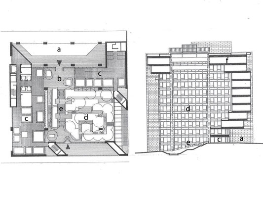 左1階平面図　右 断面図（地下は省略）　a車寄せ　b入口ホール　c執務、応接スペース　d植栽ゾーン上部吹き抜け　e直進階段　f食堂