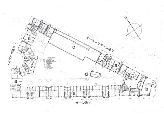 エイヘン・ハールト住棟平面図　a集合住宅　b郵便局　c学校　d集会所