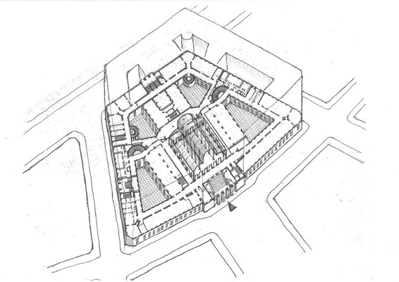 全体の空間構成図（ホール上部のトラスとガラス屋根は省略）