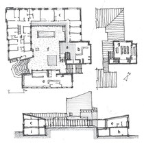 左上　2階平面図　　右上　3階平面図　　下　断面図 a玄関ホール　b案内室　C役場諸室　d職員住居　e図書館　g議場 f中庭　h店舗　i文書庫